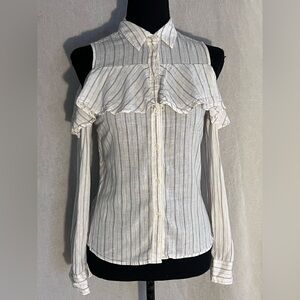 Striped Cold Shoulder Blouse - White and Gray